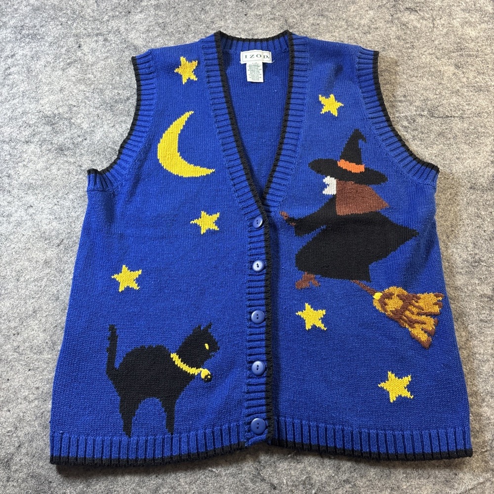 Vintage IZOD Women's Large Knitted Sweater Vest Halloween Witch Black Cat